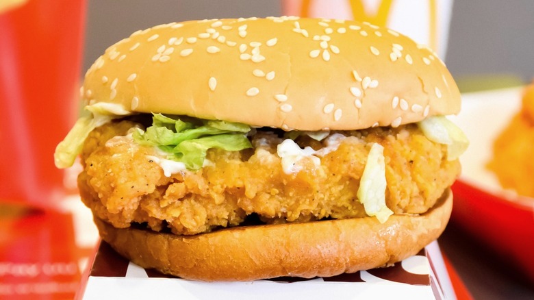 A McDonald's chicken sandwich on a paper box