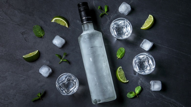 Bottle of vodka without label on dark background with ice cubes, glasses, limes, and mint