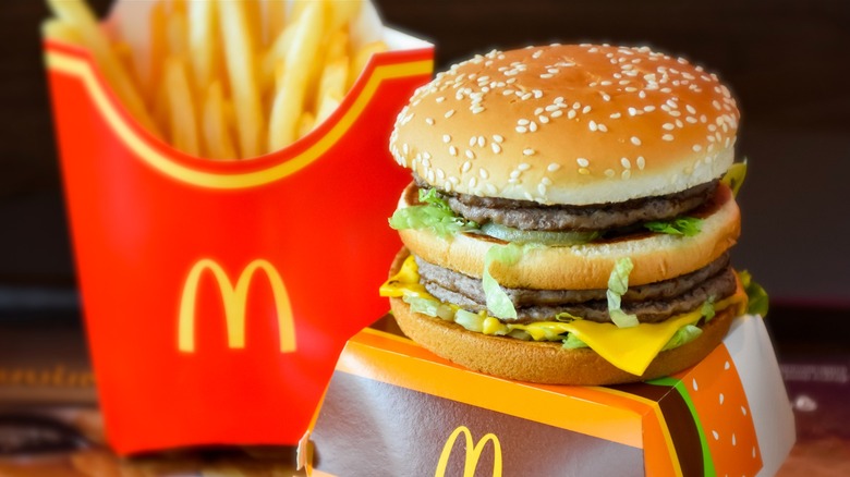 McDonald's Big Mac on box with box of fries behind